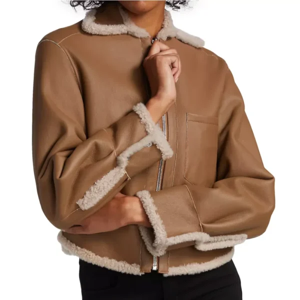 Aspen Brown Leather Shearling Zip Jacket - Image 3